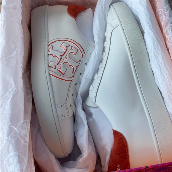 Tory Burch T-LOGO Leather Low Top Sneaker Orange - Picture 11 of 12